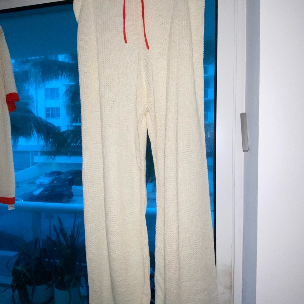 Onia Cream Knit Pants with Red Accents
